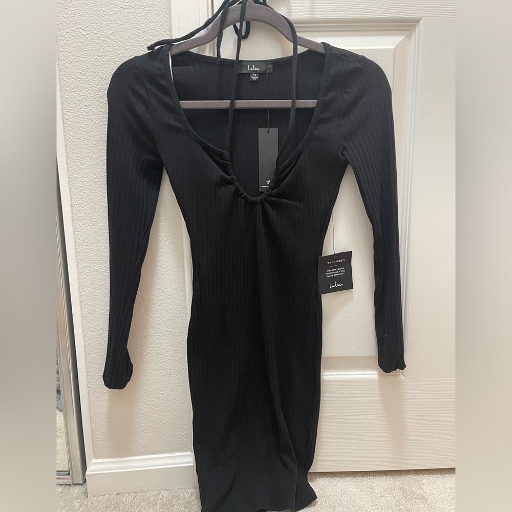 NWT Lulu Hug and Kiss Ribbed Knit Tie- Neck Long Sleeve Mini Dress - Picture 3 of 4